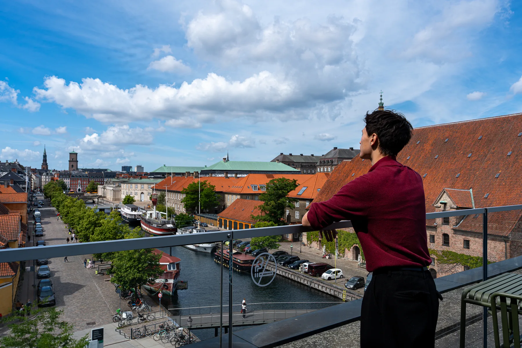 Looking out over the canal at Christians Brygge in central Copenhagen from the BLOXHUB terrace