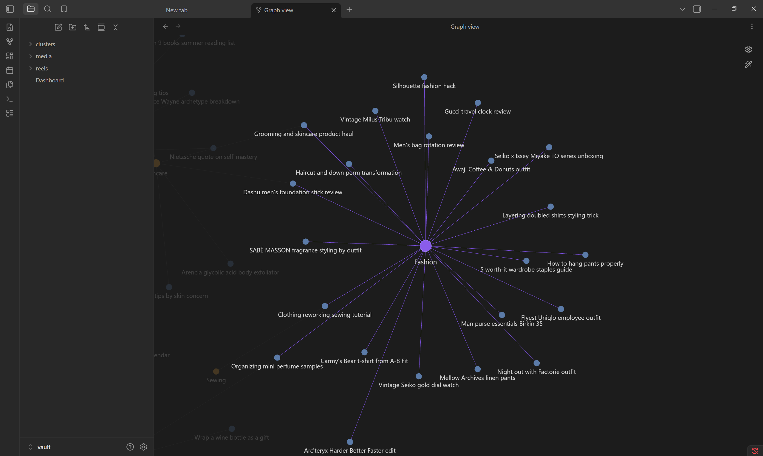 The Fashion cluster in Obsidian's graph view, with reel titles fanned around it