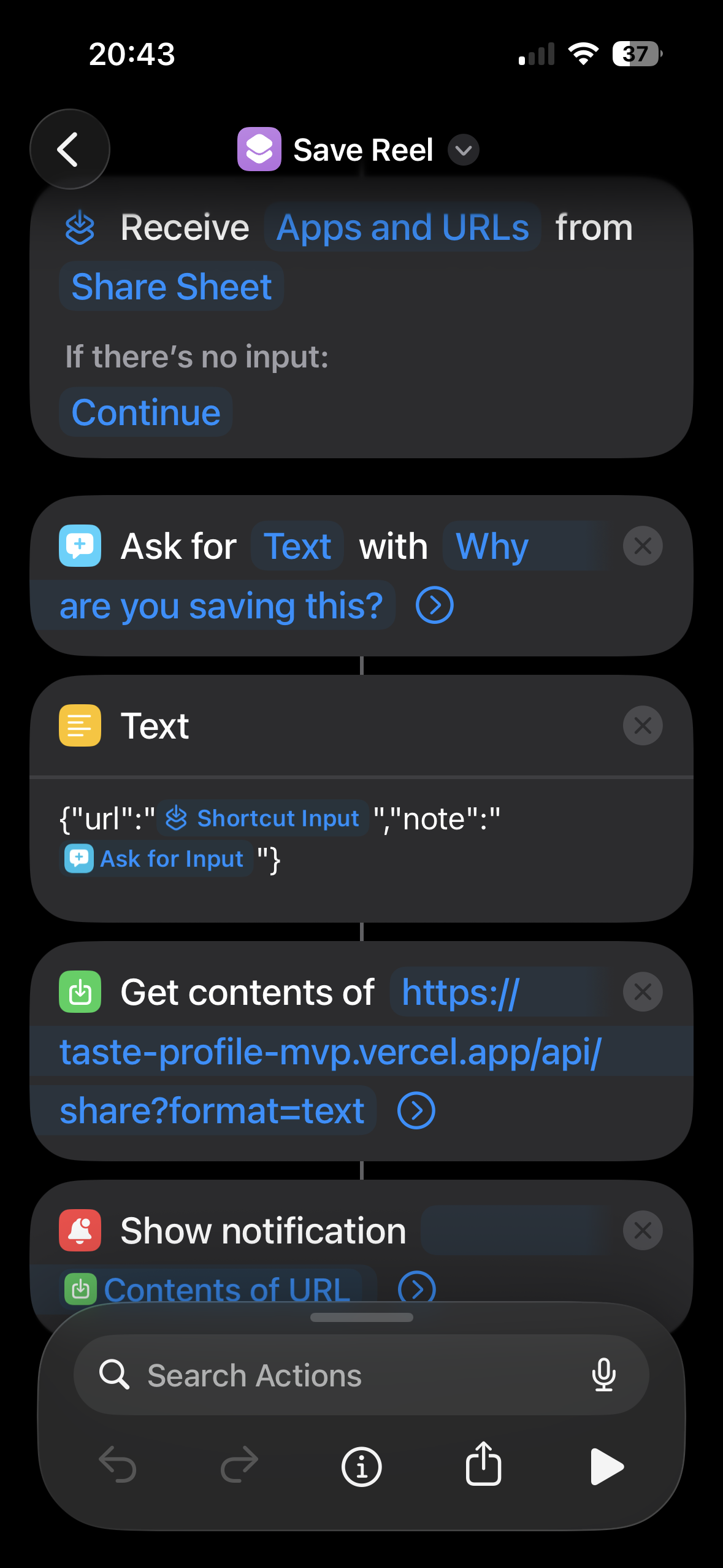 The Save Reel shortcut in the iOS Shortcuts editor