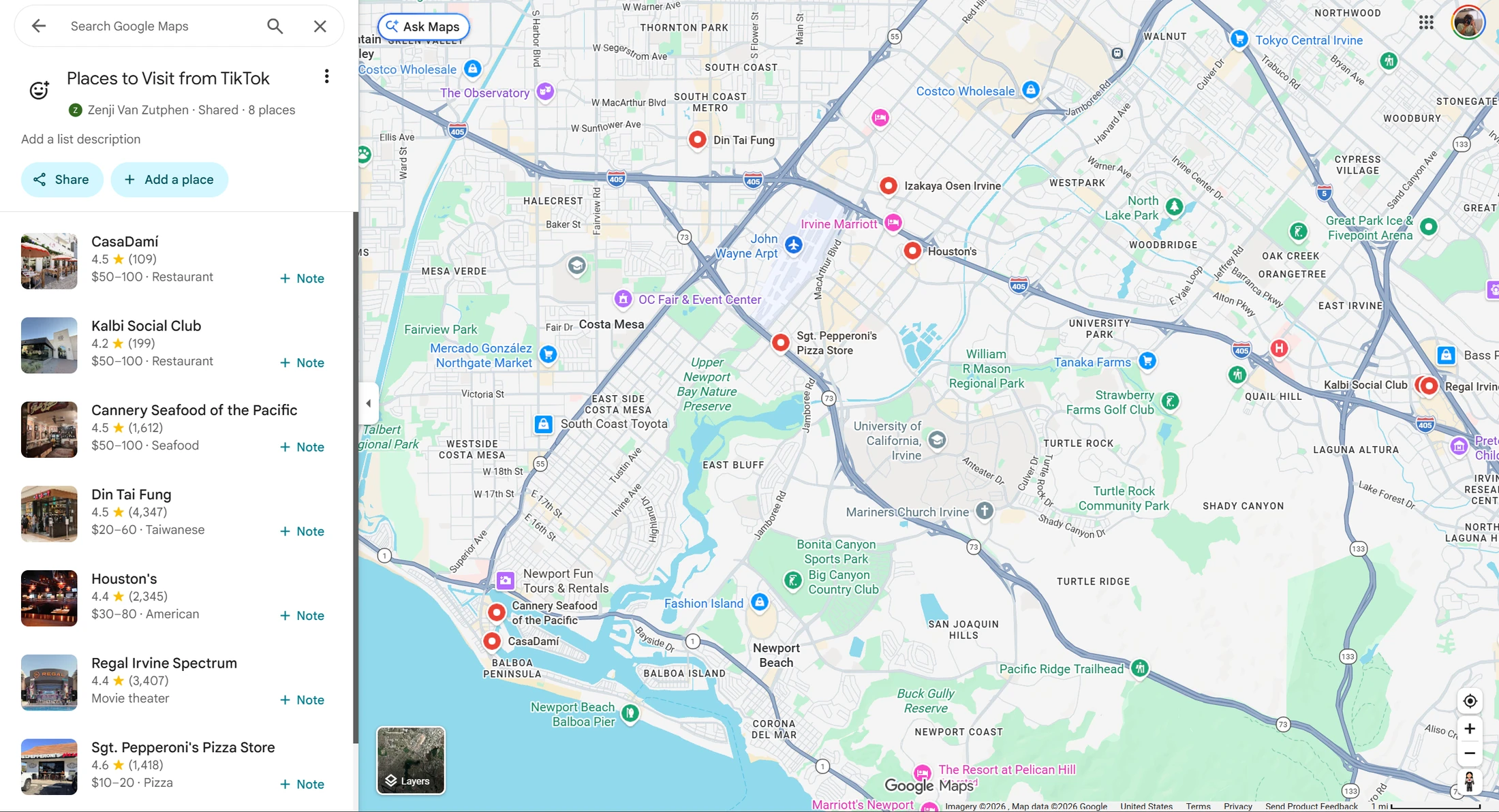 The finished Places to Visit from TikTok list in Google Maps, eight places pinned across Orange County