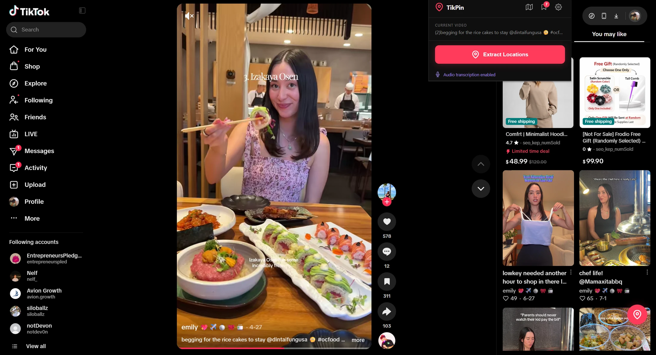The TikPin panel docked beside a TikTok video, with the Extract Locations button and audio transcription enabled