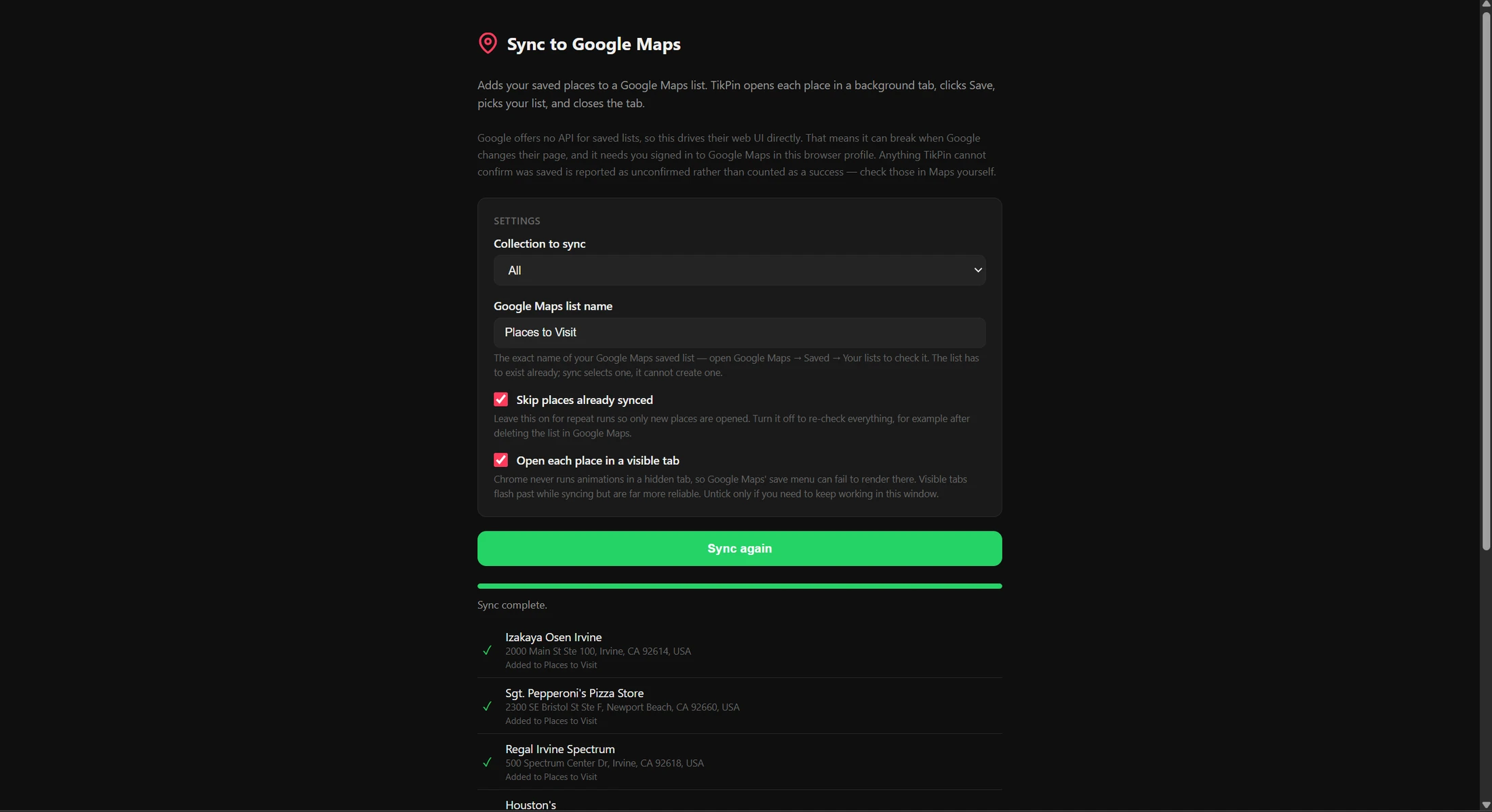 The Sync to Google Maps screen, its settings, and a completed run listing each place added